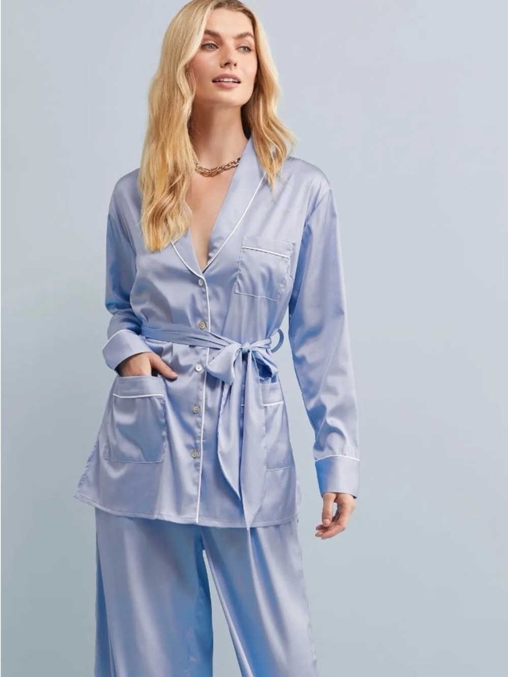 Homeboddi Halston Women's Light Blue Piped Button-Down Pajama Set